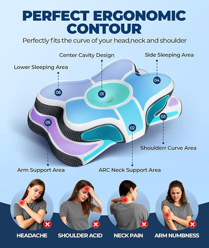 Osteo Sustained Cervical Health Neck Pillow, Contour Zoned Design Ergonomic Pillow for Pain Relief, No-Temperature Affected Memory Foam Pillows, Cooling Pillow Support Side, Back, Stomach Sleeper
