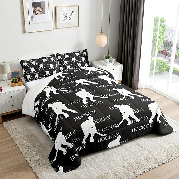 Hockey Sports Event King Size Comforter Set,Kids Gray Hockey Player Decor All Season Bedding Set,Teens Sports Game Comforter,Hockey Lover Decor Quilt Set Bedroom Collection 3Pcs