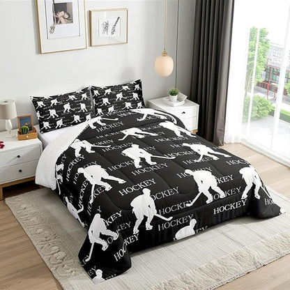 Hockey Sports Event King Size Comforter Set,Kids Gray Hockey Player Decor All Season Bedding Set,Teens Sports Game Comforter,Hockey Lover Decor Quilt Set Bedroom Collection 3Pcs