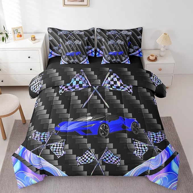 Feelyou Blue Race Car 7 Piece Bedding Set Full Size Extreme Sports Comforter Set with Sheets for Kids Teens Adult Fast and Furious Bed in a Bag Dazzling Flag Bed Set