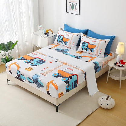 7 Pieces Boys Comforter Set Twin Size Excavator Bedding Set Cartoon Car Kids Bed in a Bag Construction Truck Bedding for Children Kids Boys Teens for Birthday Choice