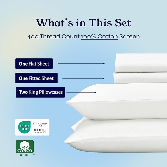 California Design Den King Bed Sheets Set - Soft 400 Thread Count Sateen, Natural 100% Cotton Sheets, Deep Pockets, All Around Elastic for a Snug Fit, Durable Bedding Set - Ivory (Pale Tone)
