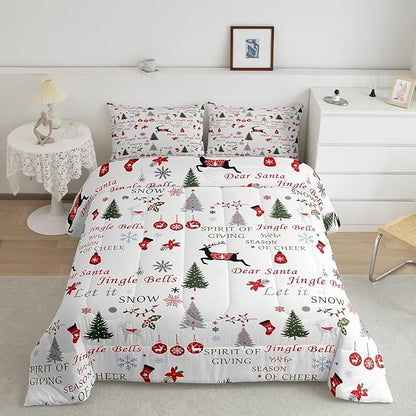 Christmas Bedding Full,Xmas Deer Reindeer Comforter Set for Kids Teens Adult,Red Green White Merry Christmas Duvet Insert,Bells Trees Snowflake Quilt Comforter with 2 Pillowcases Lightweight Warm