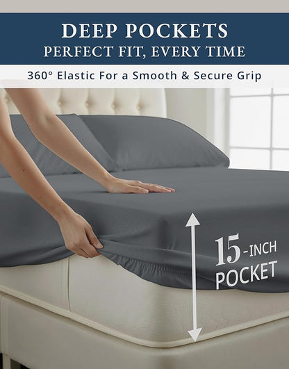 100% Egyptian Cotton King Bed Sheets – Silky Sateen Weave for All Season Comfort, 15" Deep Pocket King Sheets Set, OEKO-TEX Certified, Fade Resistant, Durable Hotel Comfort at Home -Swiss Dot Charcoal