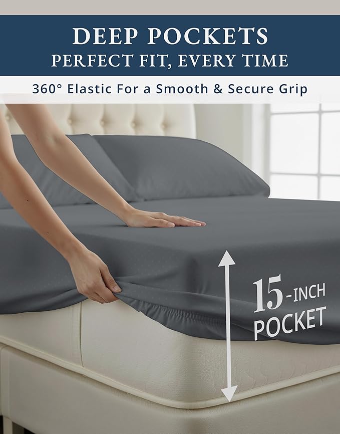 100% Egyptian Cotton Sheets Queen Size Set – Silky Sateen Weave for Winter Comfort, 15" Secure Fit Deep Pocket Queen Sheet Set, Breathable, Hotel-Quality Soft Luxury You Can Feel - Swiss Dot Charcoal