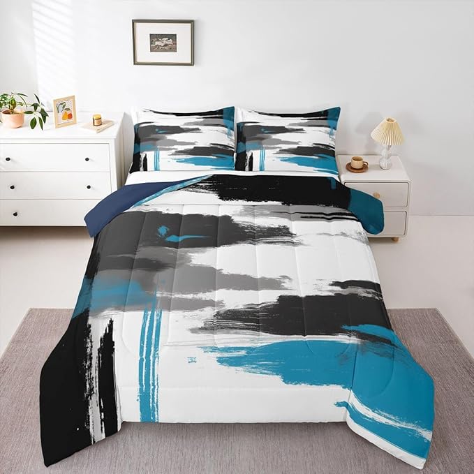 Feelyou Abstract Comforter Modern Abstract Art Comforter Set for Boys Girls Children White Grey Blue Pattern Bedding Set Room Decor King Size Duvet Set 3Pcs