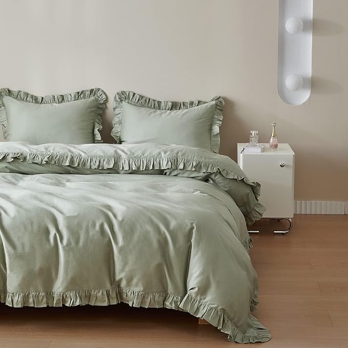 Simple&Opulence Kids 100% Organic Cotton Full Duvet Cover Ruffle 3Pcs(1 Comforter Cover 2 Pillowcases) Cute Lace Vintage Boho Shabby Chic Farmhouse Bedding Set Teen Girls(Sage Green, Full)