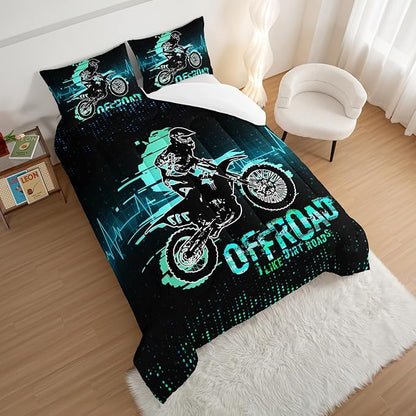 HOSIMA Extreme Sport Theme Comforter Motorcycle King Size Bed in a Bag for Boys Kids Teens,Dirt Bike Tournment Kids Game Room Decor,Motocross Rider Black Comforter with 2 Pillowcases.
