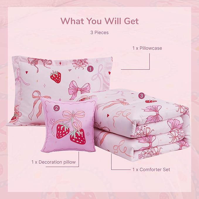 Twin Comforter Set for Girls-3 Pieces Pink Bow Twin Bedding Sets for Kids,1 Comforter,1 Sham and 1 Decor Pillow