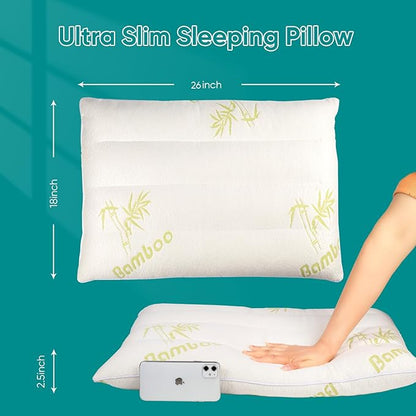 MINUPWELL Ultra Thin Pillows, Flat Pillows for Sleeping Thin, 7D High Support 2.5 inch Height Slim Bed Pillows for Stomach Sleeper, Standard Size -18x26 in - Rayon Derived from Bamboo