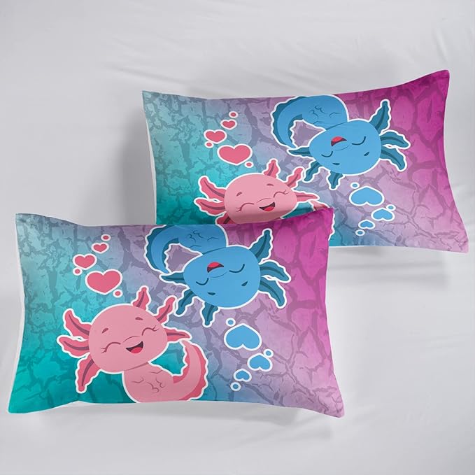 HOSIMA Axolotl Kawaii Bedding Set for Kids Bedroom Decor Pink and Blue Axolotl Cute Duvet Cover Set 3 Pieces 1 Duvet Cover with 2 Pillowcases（No Comforter）