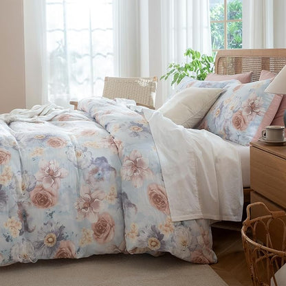Duvet Cover Queen Size Floral Luxury Soft Brushed Microfiber Crinkle Gauze Fabric 3 Pieces Bedding Set Flower Pattern Queen Duvet Cover with Zipper Closure Breathable Comfy