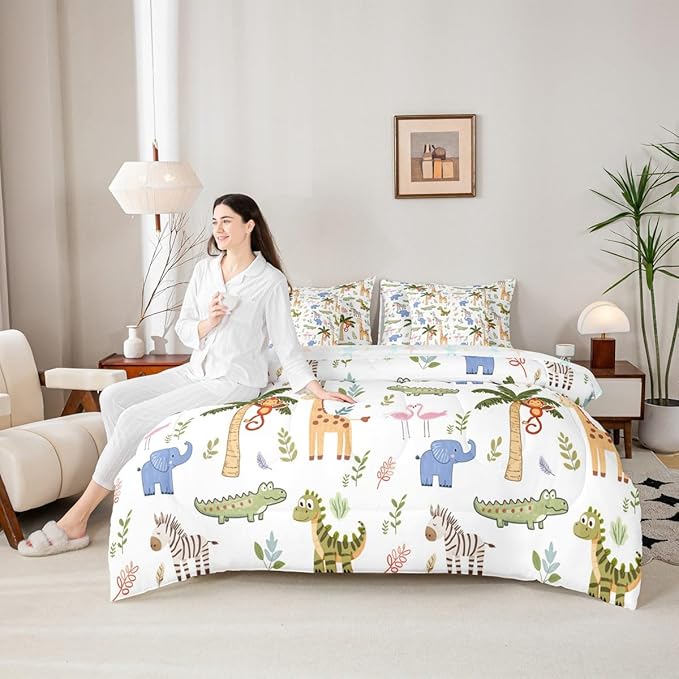 Feelyou Kids Zoo Animals 7 Piece Bedding Set Cute Giraffe Elephant Crocodile Comforter Set with Sheets for Kids Boys Girls Plants Printed Bed in a Bag Animal Theme Bed Set Soft Lightweight