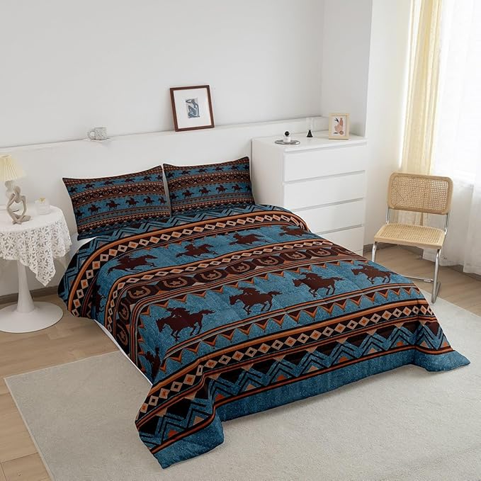 Feelyou Western Decor Comforter Set Queen Size Southwestern Native Aztec Comforter Horse Bedding Set Retro Exotic Boho Duvet Set Room Decor Dark Blue Quilt Set