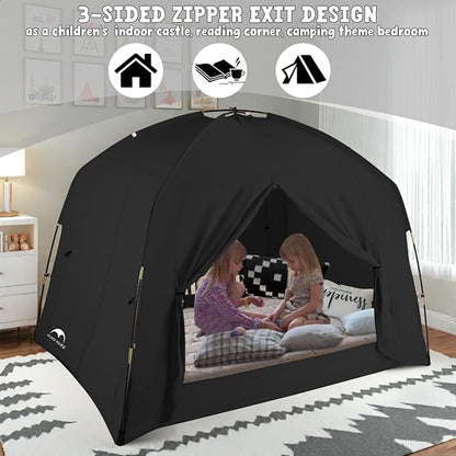 Bed Tents for Kids and Adult, Portable 100% Breathable and 93% Blackout Toddler Dream Play Tent, 3 Doors Big Privacy Space Sleeping Canopy for Floor or Twin Full Queen Sizes Bed (Black, Twin-Size)
