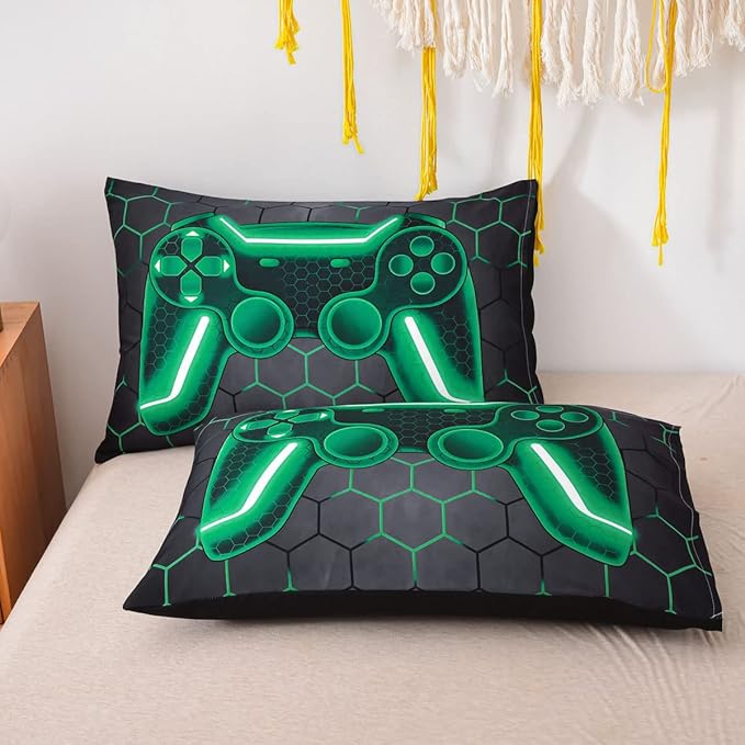 NTBED Game Console Comforter Set for Boys Girls Kids 3D Gaming Geometric Lightweight Microfiber Gamer Bedding Sets (Green, Twin 5Pcs)