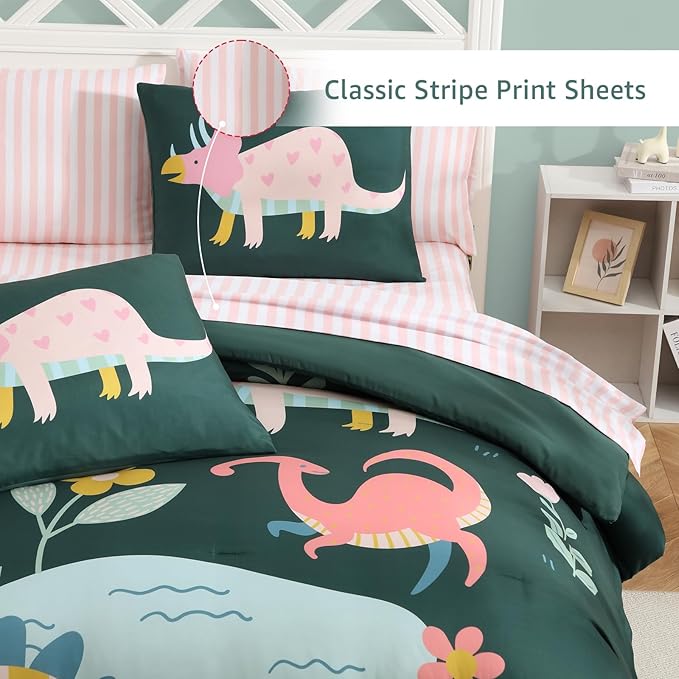 Twin XL Comforter Set for Girls, Dinosaur Kids Bedding Set with Cute Floral, All Season Boys Teen Bed in a Bag Dorm 5 Pieces with Sheets, Pillowcase & Sham