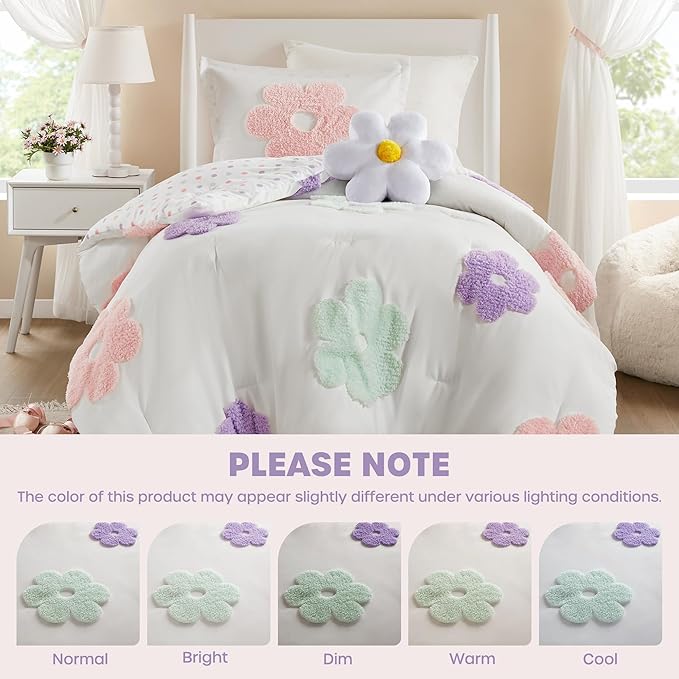 Intelligent Design Kids Twin Comforter Set for Girls, Tufted Chenille Floral, Lightweight Polka Dot Comforter Reversible Bed Set, Sham, Pillow, Gracie, Twin White/Purple 3 Piece