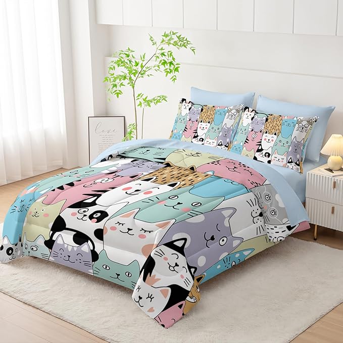 Cat Comforter Set 7 Piece King Size Bed in A Bag,Kawaii Bedding for Room Decor,Soft Cat Comforter Blue Cute Bedding with Fitted Sheet,Flat Sheet, Pillowcases & Shams