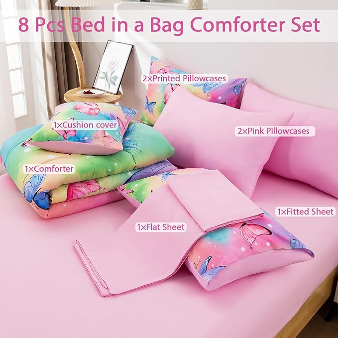 Butterfly Comforter Set Queen Size 8 Piece Bed in A Bag Colorful Flowers Leaves Bedding Set for Kids Teens Super Soft All Season - Rainbow