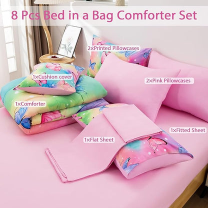 Butterfly Comforter Set Queen Size 8 Piece Bed in A Bag Colorful Flowers Leaves Bedding Set for Kids Teens Super Soft All Season - Rainbow