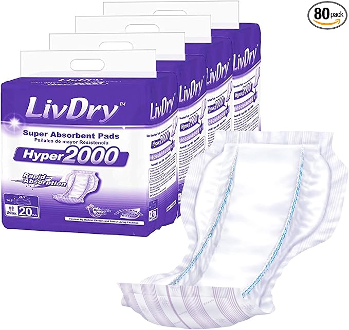 LivDry High Absorbency Pad Insert for Incontinence Briefs and Adult Diapers, Women and Men, Hyper 2000 (80 Count)