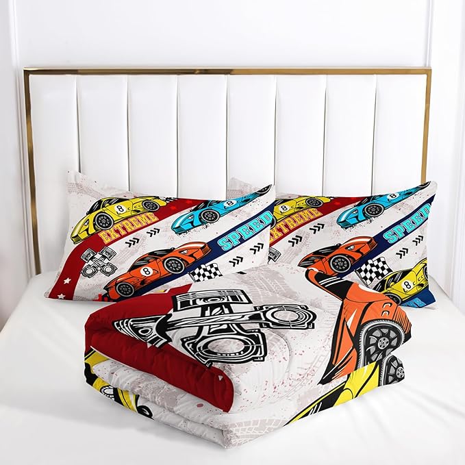 AILONEN Racing Car Comforter Set Twin Size, Plaid Bedding Set for Kids Boys,Cool Speed Race Car Bed in a Bag 3 Pcs,1 Quilt and 2 Pillowcases,Soft Microfiber