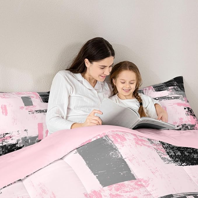 Feelyou Abstract Bedding Set Kids Modern Abstract Art Comforter Set Pink Black Comforter for Boys Room Decor Lightweight Retro Duvet Set Twin Size with 1 Pillow Case