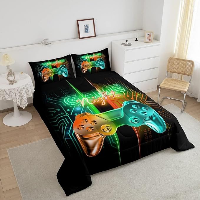 Feelyou Gamer Comforter Kids Gaming Video Game Comforter Set for Boys Teens Noverlty Modern Gamepad Bedding Set Breathable Gamer Console Bedding Duvet Set Bright Orange Green Room Decor Toddler Size
