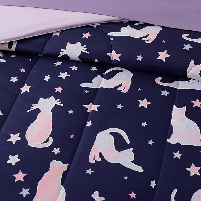 Twin Comforter Set for Girls -3 Pieces Cute Cat Twin XL Bedding Set with 1 Comforter, 1 Decor Pillow, 1 Pillow Sham