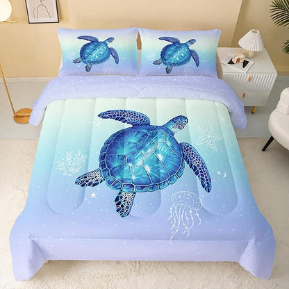 QOOMO Turtle Comforter Queen Size,Ocean Comforter Set for Kids Teens Girls Boys,3Pcs Bedding Set Printed Comforter with 2 Pillowcases,Down Alternative,Soft and Lightweight(Blue，Queen Size)