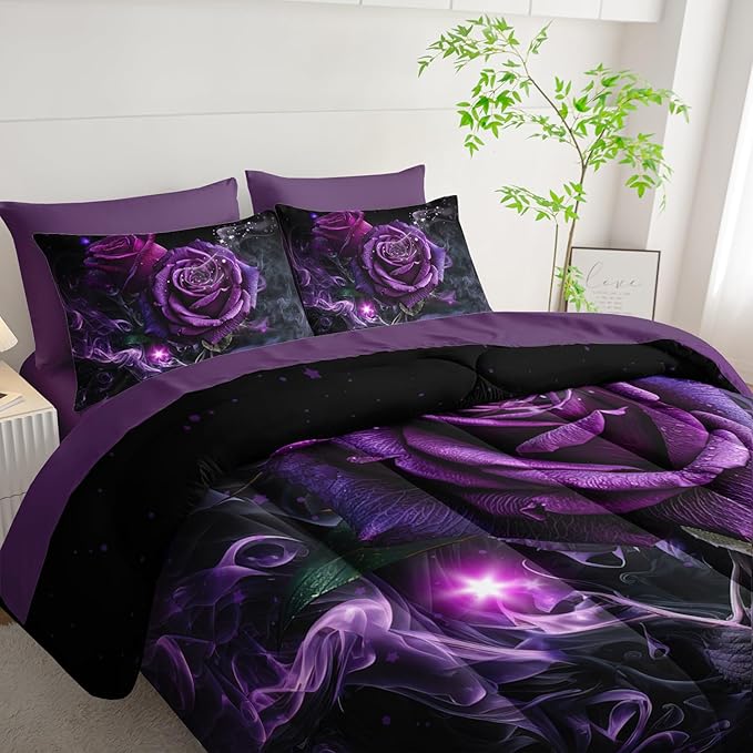 Rose Comforter Set 7 Piece King Size Bed in A Bag,Flowers Bedding for Room Decor,Soft Rose Bedding with Fitted Sheet,Flat Sheet, Pillowcases & Shams