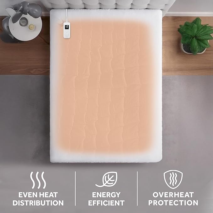 Sunbeam Premium Quilted Electric Heated Mattress Pad, 54" x 75", 12 Heat Settings, 12-Hour Selectable Auto Shut-Off, Warmth for Restful Sleep, Machine Washable, White