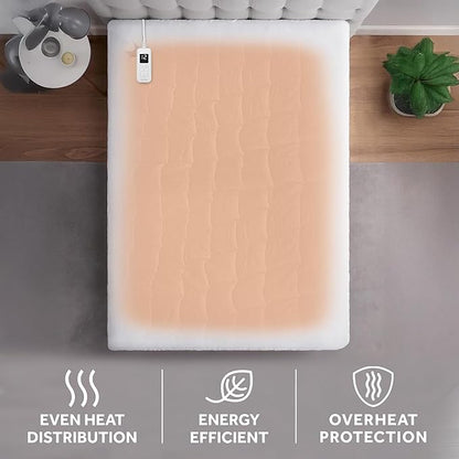 Sunbeam Premium Quilted Electric Heated Mattress Pad, 54" x 75", 12 Heat Settings, 12-Hour Selectable Auto Shut-Off, Warmth for Restful Sleep, Machine Washable, White