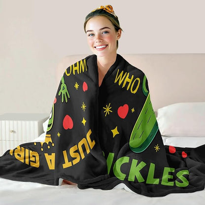 Funny Cucumber Blanket, Just A Girl Who Loves Pickles Blanket, Soft Warm Cozy Fleece Throw, Gifts for Girls Women Kids, 60"x80", Black