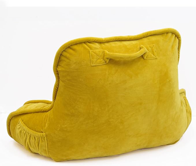 Super Soft Velvety Backrest Reading Bed Rest Pillow with Arms and Pockets 18" H for Sitting in Bed Couch Sofa, Back Support Wedge Cushion with Removable Cover, 20" x 18" x17", Mustard Yellow