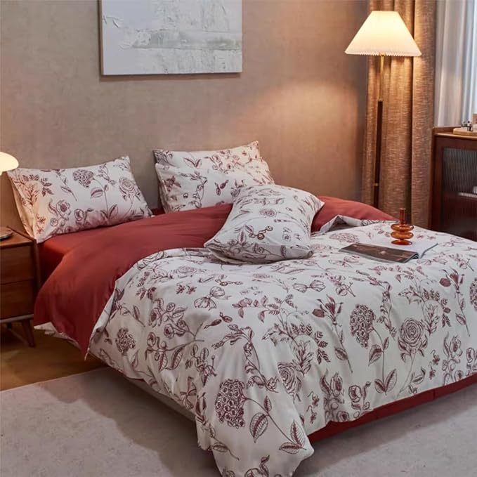 Floral Duvet Cover Queen Size Bow Red Flower Bedding Set 3 Pieces Girls Women Men Botanical Vintage Floral Duvet Cover with 2 Pillowcases