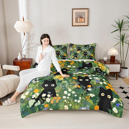 Castle Fairy Cute Cats Kids Comforter Set King Size,Watercolor Flowers Green Leaves Plant Reversible Quilted Duvet with 2 Pillowcases Black Kawaii Animal Oil Painting Comforter for Boys Teens Bedroom