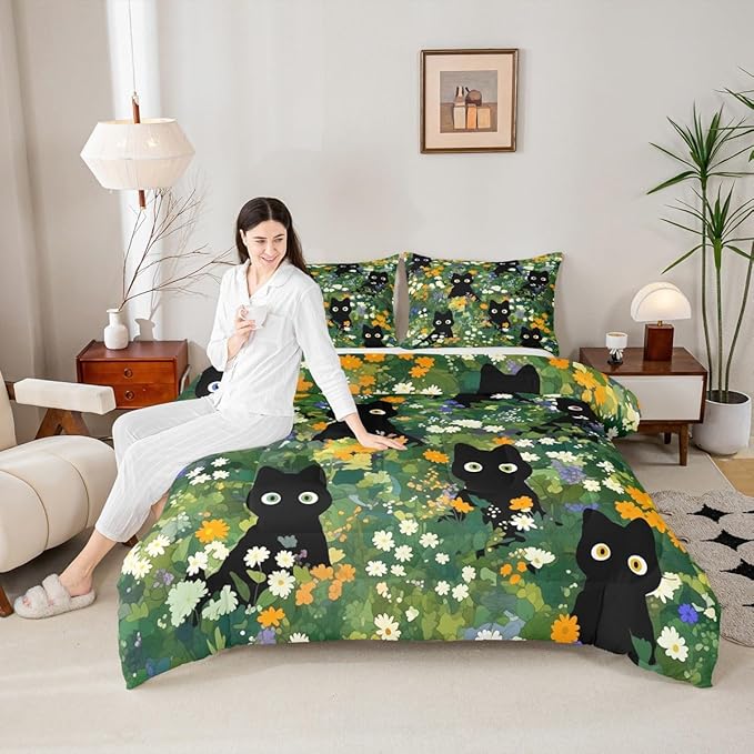 Cute Cats Bedding Sets Full Size,Watercolor Flowers Green Leaves Plant Reversible Down Comforter Breathable Polyester Quilt Set,Black Kawaii Animal Oil Painting Duvet Insert,2 Pillowcases