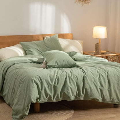 Green Duvet Cover King, 100% Washed Cotton Linen Like Textured Solid Casual Modern Style Sage Green Bedding Set, with Zipper Closure, Luxury Soft Relaxed Feel Natural Wrinkled Comfy (3pcs, King)