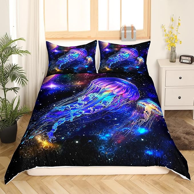 Jellyfish Galaxy Duvet Cover Set King Size,Blue Nebula Spaceship Comforter Cover with 2 Pillowcases,Universe Stars Planets Modern Bedding Set for Adult Young Bedroom Xman Gift