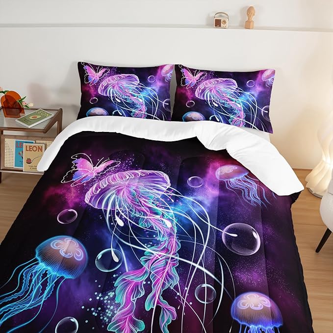 HOSIMA Jellyfish Printed Comforter Ocean Theme Bedding Set 3 Piece, Starry Sky Galaxy Bedding Room Decor Butterfly Comforter for Kids Teens Adult