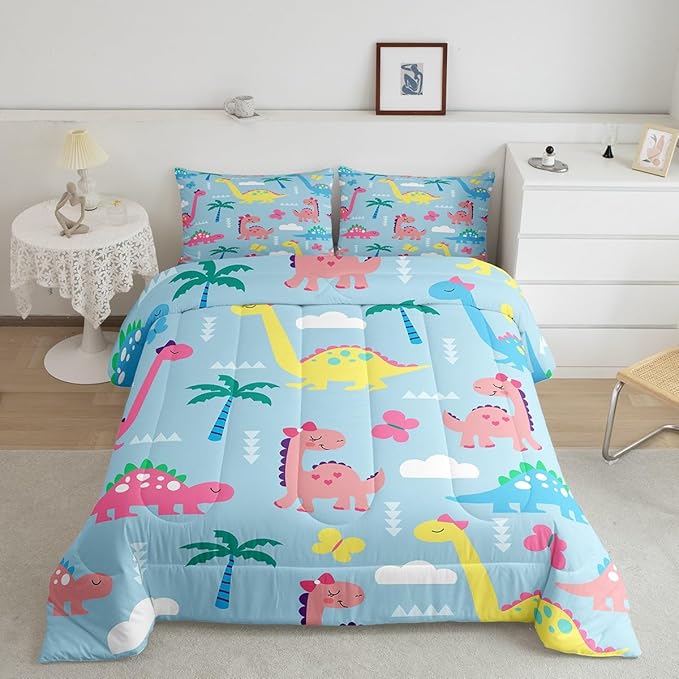 Cute Dino Kids Comforter Set Queen Size,Cartoon Dinosaur Kawaii Wildlife Reversible Bedding Set for Adult,Lovely Cloud Butterflies Blue Luxury Bed Duvet Insert,2 Pillowcases