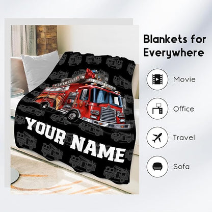 Toddler Blankets for Boys, Personalized Cozy Soft Fire Truck Throw Gifts for Kids, Black Flannel Firefighter Blankets for Bed Couch, 60x80 Inches