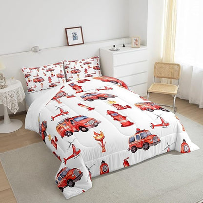 Fire Truck Red Comforter King for Kids Toddler Boys - Firefighter Supplies Pattern Bedding With Scaling Ladder, Extinguisher, Helicopter, Hydrant Print - Fire Theme Decor Duvet Set