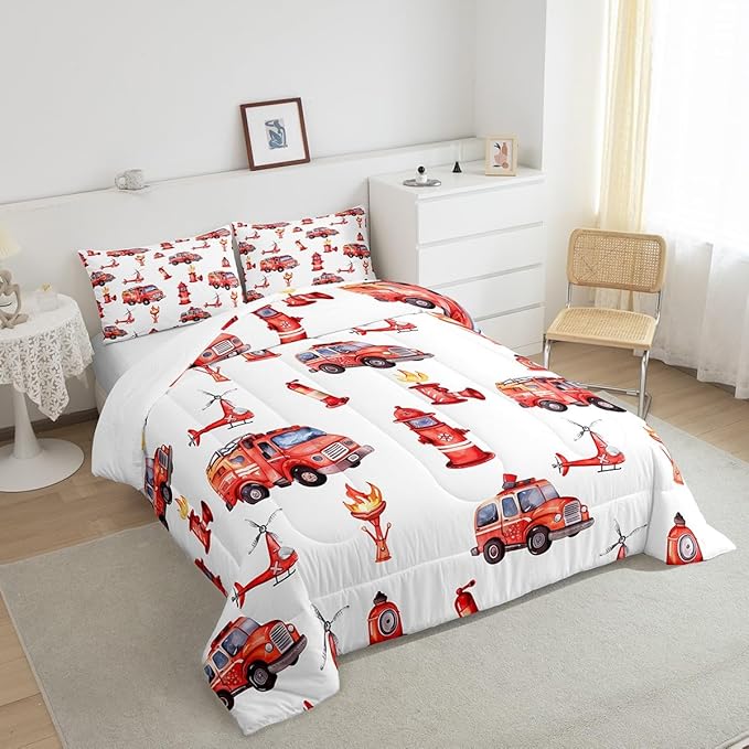 Erosebridal Fire Truck Red Comforter Full for Kids Toddler Boys - Firefighter Supplies Pattern Bedding with Scaling Ladder, Extinguisher, Helicopter, Hydrant Print - Fire Theme Decor Duvet Set