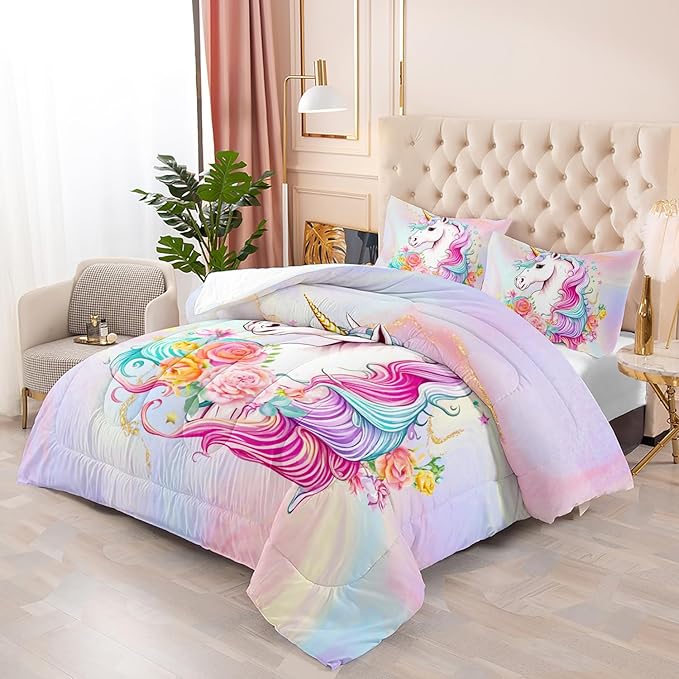 Kid Unicorn Comforter Set Queen Size 3Pcs Star Rose Marble Pattern Quilt Bedding Set for Boys Girls with 1 Comforter and 2 Pillowcases