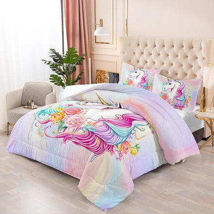 Kid Unicorn Comforter Set Twin Size 3Pcs Star Rose Marble Pattern Quilt Bedding Set for Boys Girls with 1 Comforter and 2 Pillowcases