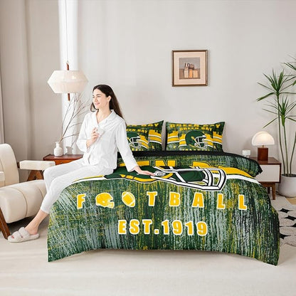 Erosebridal Football Gamed Bedding Set for Boys Girls Youth Sports Room Decor, Football City Themed Comforter Sets with Sheets Army Green Yellow Seasonal Color Bed in A Bag Full 7 Pieces