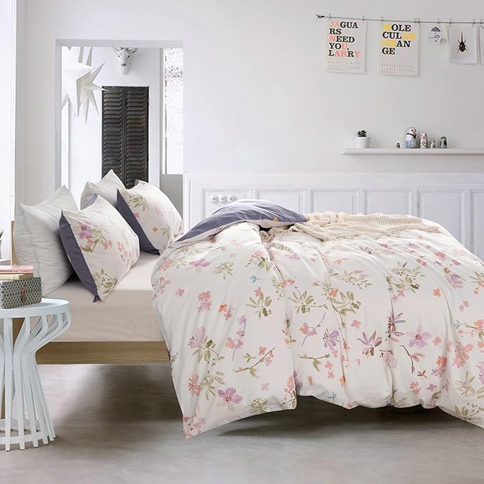Queen Floral Duvet Cover 100% Soft Cotton 3 Pieces Flower Bedding Set for Girls Women Chic Garden Style Luxury Purple Floral Pattern Printed Floral Queen Duvet Cover with Zipper Closure
